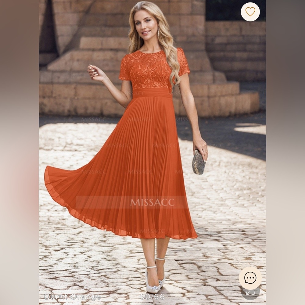 A-Line Scoop Neck Chiffon Dress Lace Pleated Terracotta size 12